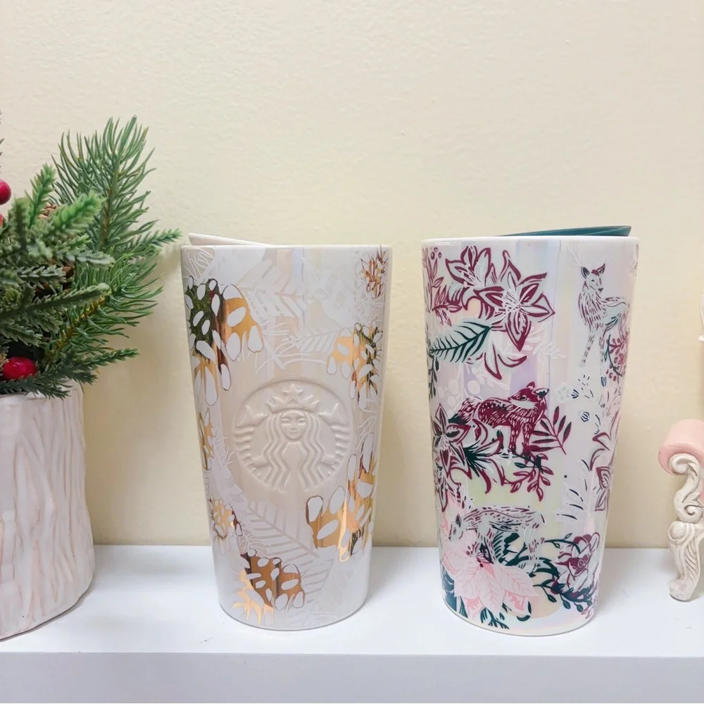 STARBUCKS Holiday 2020& 2021 NWT Ceramic Gold Pine Cone Tumbler Travel Mug 12oz